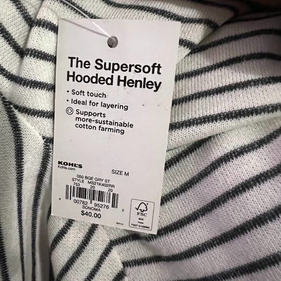 Sonoma Men Life Style Hoodie Light Weight Stretch Knit Cotton Striped Pullover M - Picture 8 of 9